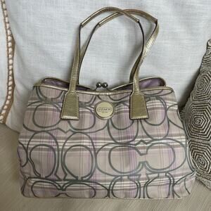 Coach Madison Op Art Plaid Kisslock Carryall | Lavender & Gold 17218 Y2K Vintage